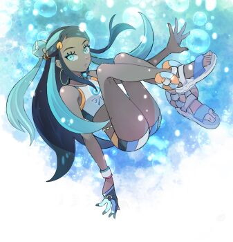 1girl belly_chain black_hair blue_background blue_eyes blue_eyeshadow blue_hair crop_top dark-skinned_female dark_skin dynamax_band earrings eyeshadow full_body gloves hair_bun highres hoop_earrings jewelry long_hair looking_at_viewer makeup multicolored_hair necklace nessa_(pokemon) nintendo oniwa pokemon pokemon_swsh pool_float sandals shoes simple_background single_glove single_hair_bun solo two-tone_hair white_shoes