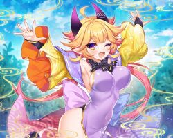 Rule 34 | 1girl, ahoge, armpits, bare shoulders, blonde hair, blush, bow, bowtie, breasts, china dress, chinese clothes, cloud, commission, covered navel, dress, fang, gradient hair, hands up, horns, large breasts, looking at viewer, multicolored hair, munlu (wolupus), one eye closed, open mouth, orange eyes, original, outstretched arms, pelvic curtain, pointy ears, purple dress, red hair, sideboob, signature, skeb commission, sleeveless, sleeveless dress, smile, solo, striped bow, thick eyebrows, wide sleeves