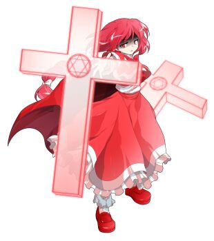 1girl alphes_(style) bobby_socks bow bowtie braid capelet commentary_request cross dairi frilled_skirt frills full_body hair_between_eyes hair_bow hexagram highres large_variant_set loafers long_braid long_hair long_skirt long_sleeves okazaki_yumemi parody red_bow red_bowtie red_capelet red_hair red_shirt red_shoes red_skirt see-through_clothes shaded_face shirt shoes single_braid skirt skirt_set socks solo standing style_parody tachi-e touhou touhou_(pc-98) transparent_background undershirt variant_set white_bow white_shirt white_socks