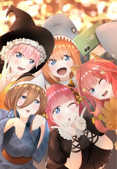 5girls 5sistersnet :d ahoge animal_costume animal_hands animal_hood black_dress blue_eyes blunt_bangs blurry blurry_background bob_cut bokeh bow brown_hair cellphone commentary_request dated depth_of_field double-parted_bangs double_v dress ghost_costume gloves go-toubun_no_hanayome hair_between_eyes hair_bow hair_ornament halloween halloween_costume hat headphones headphones_around_neck highres holding holding_phone hood long_hair looking_at_viewer medium_hair multiple_girls nakano_ichika nakano_itsuki nakano_miku nakano_nino nakano_yotsuba one_eye_closed open_mouth orange_hair paw_gloves phone pink_hair puffy_short_sleeves puffy_sleeves quintuplets right-over-left_kimono selfie shark_costume shark_hood short_hair short_sleeves siblings sisters smartphone smile star_(symbol) star_hair_ornament tongue tongue_out triangular_headpiece twitter_username upper_body v watermark wispy_bangs witch witch_hat yellow_bow