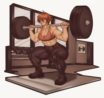 1girl absurdres barbell black_pants black_shoes breasts brown_hair clenched_teeth full_body highres medium_breasts milka01477 muscular muscular_arms muscular_female original pants shoes short_hair solo sports_bra squat_(exercise) teeth thick_thighs thighs veins yoga_pants