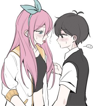 ... 1boy 1girl ? aubrey_(faraway)_(omori) aubrey_(omori) black_eyes black_hair black_sweater_vest blue_eyes blue_hairband blush breasts closed_mouth collarbone collared_shirt commentary_request crop_top ear_piercing flat_color hair_between_eyes hairband highres jacket korean_commentary long_hair looking_at_another omori open_clothes open_jacket piercing pink_hair shirt short-sleeved_jacket short_sleeves sidelocks simple_background small_breasts spoken_ellipsis spoken_question_mark sunny_(omori) sweatdrop sweater_vest tongue tongue_out tongue_piercing white_background white_jacket white_shirt wktdms1