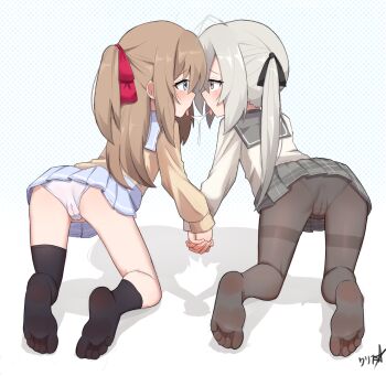 2girls after_kiss ass black_socks blue_eyes blue_skirt boppin brown_eyes brown_hair brown_jacket cameltoe checkered_clothes checkered_skirt from_behind full_body grey_hair grey_skirt hair_ribbon highres holding_hands indie_virtual_youtuber jacket kasugano_sora kneeling loli long_hair looking_at_another multiple_girls neuro-sama no_shoes open_mouth panties panties_under_pantyhose pantyhose polka_dot polka_dot_background ribbon saliva saliva_trail school_uniform serafuku shadow signature skirt socks soles toes twintails two_side_up underwear vedal_ai virtual_youtuber white_background white_jacket white_panties yosuga_no_sora yuri
