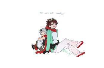 2boys aegiomon back-to-back black_horns black_vest body_fur brown_hair commentary_request digimon digimon_(creature) digimon_story:_time_stranger english_text facial_mark full_body green_jacket grey_hair horns jacket male_focus multicolored_jacket multiple_boys no_shirt pants red_scarf satyr scarf short_hair simple_background sitting two-tone_jacket vest white_background white_jacket white_pants yuu_(pixiv3042074) yuuki_dan