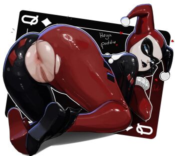 1girl aelion_draws all_fours anus ass batman:_the_animated_series batman_(series) black_bodysuit blue_eyes bodysuit commentary dc_comics english_commentary eye_mask full_body harlequin harley_quinn harley_quinn_(classic) hat highres jester_cap jester_costume mask multicolored_bodysuit pussy red_bodysuit solo torn_bodysuit torn_clothes two-tone_bodysuit two-tone_hat uncensored white_facepaint