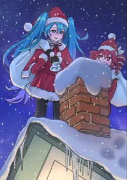 2girls :3 anchannnnnn blue_eyes blue_hair blush bow capelet christmas commentary_request dress drill_hair fur-trimmed_capelet fur-trimmed_dress fur-trimmed_sleeves fur_trim hair_bow hair_ribbon hair_through_headwear hat hatsune_miku highres holding holding_sack icicle kasane_teto kasane_teto_(sv) long_hair long_sleeves mittens multiple_girls night on_roof open_mouth outdoors pantyhose peeking_out pink_hair red_eyes ribbon sack santa_costume santa_dress santa_hat sky smile snow snow_on_roof snowing synthesizer_v twin_drills twintails utau very_long_hair vocaloid