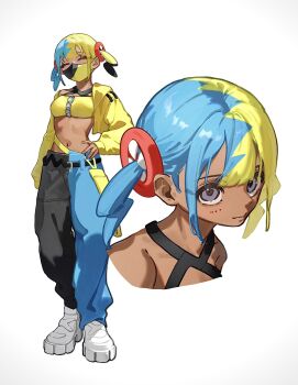 1girl aqua_hair bandeau bare_shoulders black_mask blonde_hair blue_eyes breasts canari_(pokemon) closed_eyes closed_mouth commentary_request criss-cross_straps dark-skinned_female dark_skin highres jacket long_sleeves mask mega_stone mouth_mask multicolored_hair navel nintendo pants pokemon pokemon_legends:_z-a short_twintails simple_background sora_no87 split-color_hair sports_bra twintails two-tone_hair two-tone_mask two-tone_pants yellow_bandeau yellow_jacket yellow_mask yellow_sports_bra