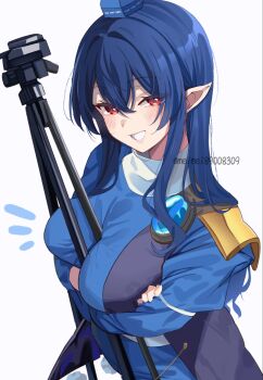 Rule 34 | 1girl, armor, between breasts, blue dress, blue hair, blue hat, blush, breasts, commentary request, crossed arms, dress, grin, hat, highres, holding, holding tripod, iizunamaru megumu, large breasts, long hair, long sleeves, looking at viewer, meimei (meimei89008309), pauldrons, pointy ears, red eyes, shoulder armor, simple background, single pauldron, smile, solo, tokin hat, touhou, tripod, twitter username, very long hair, white background