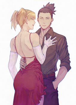1boy 1girl alternate_costume arm_around_waist backless_dress backless_outfit bare_shoulders belt black_hair black_pants blonde_hair blue_eyes brown_belt burin_burin collared_shirt couple cowboy_shot dress elbow_gloves flamenco_dress frilled_dress frills gloves grey_shirt hand_in_pocket hand_on_another&#039;s_chest hetero highres long_dress nara_shikamaru naruto_(series) naruto_shippuuden one_eye_closed pants ponytail red_dress red_lips shirt short_hair short_ponytail temari_(naruto) twintails white_background white_gloves