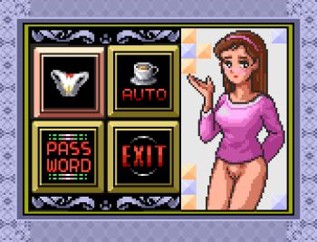 Rule 34 | 1girl, arm behind back, black eyes, blue background, blush, bottomless, bow, bow panties, breasts, brown hair, coconuts japan, coffee, cup, drink, embarrassed, hairband, long hair, long sleeves, looking at viewer, medium breasts, mug, pachislot love story, panties, pee stain, pink shirt, pixel art, pussy, red bow, saiwai hiroshi, saucer, shirt, stained panties, standing, underwear, unworn panties, white panties