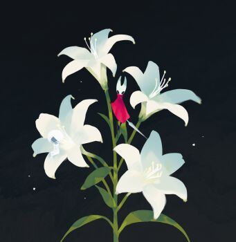 2girls arthropod_girl black_background black_eyes black_skin cloak colored_skin commentary flower full_body highres holding holding_sword holding_weapon hollow_knight hollow_knight:_silksong horned_mask hornet_(hollow_knight) lace_(hollow_knight) lily_(flower) mask multiple_girls needle_(hollow_knight) needle_sword red_cloak sitting sunmk_s2 sword symbol-only_commentary weapon white_eyes white_flower white_mask