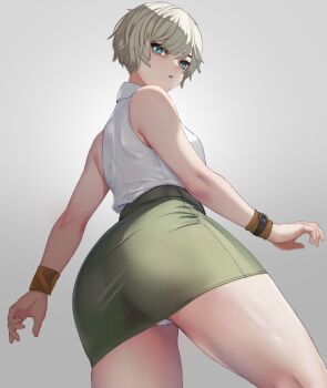 1girl ass blonde_hair dead_by_daylight heather_mason jacket looking_at_viewer miniskirt panties pencil_skirt short_hair silent_hill_(series) silent_hill_3 simple_background skirt sleeveless solo suzusiron thighs underwear watch white_background white_panties wristband