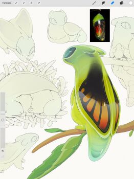 art_program_in_frame branch bug butterfly chimera commentary creature dragon english_commentary film_grain highres insect monster multiple_views nest original procreate_(medium) procreate_(software) pupa_(insect) reference_inset simple_background sorochii standing unfinished white_background