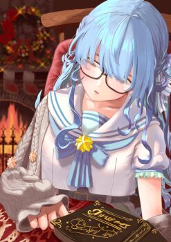 1girl belt black-framed_eyewear black_belt blue_hair book closed_eyes fireplace glasses hair_between_eyes highres hololive hoshimachi_suisei hoshimachi_suisei_(sailor) long_hair nattoushouyu3 off_shoulder open_mouth ribbed_sweater school_uniform serafuku short_sleeves sitting sleeping sleeping_upright sweater virtual_youtuber