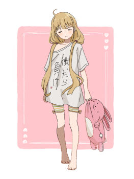 1girl ahoge blonde_hair closed_eyes closed_mouth clothes_writing commentary_request futaba_anzu holding holding_stuffed_toy idolmaster idolmaster_cinderella_girls inset_border long_hair low_twintails oversized_clothes oversized_shirt pink_background shirt short_sleeves shorts solo striped_clothes striped_shorts stuffed_animal stuffed_rabbit stuffed_toy stuffing t-shirt three_of_hearts twintails very_long_hair walking_towards_viewer white_background you_work_you_lose yuyohe