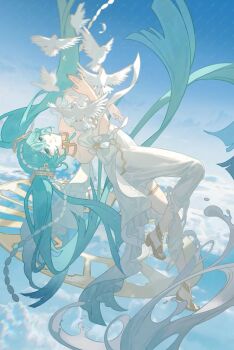 1girl absurdly_long_hair animal aqua_eyes aqua_hair aqua_nails bird closed_mouth collarbone commentary_request dress fingernails floating floating_hair gold_thighlet hatsune_miku highres jewelry kuixingsuren long_hair looking_up miku_symphony_(vocaloid) nail_polish smile solo thighlet twintails very_long_hair vocaloid white_bird white_dress