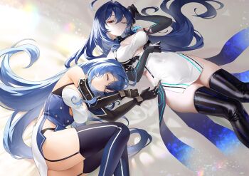 2girls ;o azur_lane bare_shoulders black_gloves black_panties blue_hair blush boots breasts buttons commentary_request double-breasted dress elbow_gloves garter_straps gloves half-closed_eye hand_on_own_stomach hands_up haori_io helena_(azur_lane) helena_(meta)_(azur_lane) highres hip_focus knees_up legs legs_folded long_hair lying medium_breasts multiple_girls official_art on_back on_side one_eye_closed panties red_eyes sideless_dress sleeping sleepy sleeveless sleeveless_dress thigh_boots thighs underwear very_long_hair white_dress
