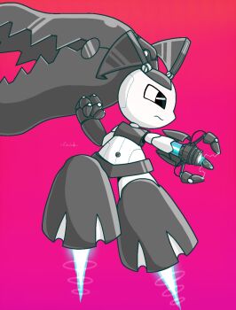 1girl aiming alternate_color arm_cannon artist_name big_hair black_eyes black_shirt black_skin black_skirt clenched_hand closed_mouth colored_skin crop_top electricity extra_mouth female_focus flat_chest floating full_body fusion gen_3_pokemon gradient_background hand_up highres humanoid_robot jaggy_lines jenny_wakeman leg_up long_hair looking_to_the_side mawaifu mawile mechanization microskirt multicolored_skin my_life_as_a_teenage_robot navel nintendo outstretched_arm pink_background pokemon pokemon_(creature) powering_up robot rocket sharp_teeth shirt sideways_mouth signature simple_background skirt sleeveless sleeveless_shirt solo stomach teeth two-tone_skin weapon white_skin