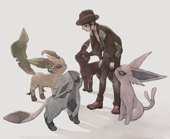 Rule 34 | 1boy, absurdres, black hair, black hat, bracelet, commentary request, espeon, gen 2 pokemon, gen 4 pokemon, glaceon, grey background, hat, highres, ichi kawa ichi, jacket, jewelry, leafeon, long sleeves, male focus, nintendo, open clothes, open jacket, pants, paxton (pokemon), pokemon, pokemon legends: z-a, red shoes, shirt, shoes, short hair, umbreon, white shirt