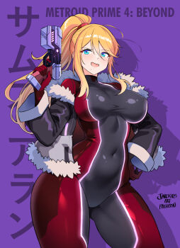1girl adapted_costume artist_name black_bodysuit blonde_hair blue_eyes bodysuit breasts commentary copyright_name covered_navel cowboy_shot duplicate english_commentary fur-trimmed_jacket fur_trim gun hair_elastic hand_on_own_hip high_ponytail highres holding holding_gun holding_weapon jacket jarckius large_breasts long_hair metroid metroid_prime_4:_beyond mole mole_under_mouth multicolored_bodysuit nintendo open_mouth plasma_pistol ponytail power_suit_(metroid) purple_background red_bodysuit samus_aran simple_background solo two-tone_bodysuit vi-o-la_suit weapon zero_suit