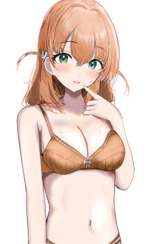 1girl absurdres bare_shoulders blush bra breasts cleavage collarbone commentary_request fingernails green_eyes hair_between_eyes highres hinoshita_kaho large_breasts lingerie long_hair looking_at_viewer love_live! love_live!_hasu_no_sora_jogakuin_school_idol_club nail_polish open_mouth orange_bra orange_nails orange_panties panties simple_background smile sunya_(honorin-yuunibo) sweat underwear white_background