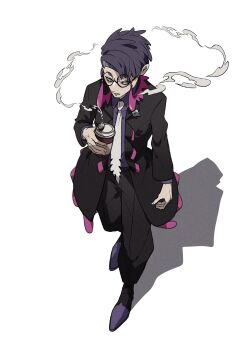 1boy bags_under_eyes black-framed_eyewear black_coat black_pants black_shoes coat collared_shirt commentary_request corbeau_(pokemon) cup disposable_coffee_cup disposable_cup dress_shoes full_body glasses highres holding holding_cup layered_sleeves long_sleeves looking_to_the_side male_focus necktie nintendo omothi_pkmn open_mouth orange_eyes pants parted_hair pokemon pokemon_legends:_z-a purple_hair purple_shirt round_eyewear shadow shirt shirt_tucked_in shoes short_hair sideways_glance solo steam tassel walking white_necktie wing_collar