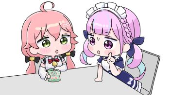 2girls :o ahoge blue_dress blue_hair blue_ribbon blush_stickers braid chair chibi detached_sleeves dress green_eyes hair_between_eyes hair_ribbon highres hololive long_hair long_sleeves low_twintails maid_headdress minato_aqua minato_aqua_(1st_costume) mochimiko multicolored_hair multiple_girls official_alternate_costume on_chair parted_lips pink_hair puffy_long_sleeves puffy_short_sleeves puffy_sleeves purple_eyes ribbon sakura_miko sakura_miko_(casual) shirt short_sleeves simple_background sitting streaked_hair sweat table twintails two-tone_hair very_long_hair virtual_youtuber white_background white_shirt white_sleeves yurie_mouth