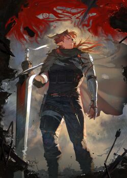 1boy absurdres apple arknights arrow_(projectile) bandages belt black_shirt cape commentary demon_boy demon_horns english_commentary feet_out_of_frame food fruit gloves grey_cape highres hoederer_(arknights) holding holding_sword holding_weapon horns knife light_rays long_hair looking_to_the_side looking_up male_focus mature_male mechanical_arms mobrinono pants planted planted_sword planted_weapon pointy_ears prosthesis prosthetic_arm red_eyes red_hair shirt single_mechanical_arm solo standing sword weapon