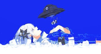 1girl abduction absurdres animal arm_at_side armband black_armband blending blue_background blue_theme building cevio closed_eyes commentary_request cow film_grain from_side giant giantess hair_ornament hand_on_own_chest highres irple isei_ni_ikou_ne_(cevio) jacket kamitsubaki_studio long_hair lying on_back open_mouth outdoors power_lines profile road_sign ruins sekai_(cevio) sidelocks sign signature solo traffic_light ufo utility_pole white_hair wide_sleeves