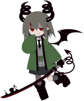 1girl black_gloves black_horns blood blood_on_face boots curled_horns demon_girl demon_horns demon_tail demon_wings flying full_body funamusea funamusea_(artist) gloves green_jacket grey_hair hanten_(funamusea) holding holding_sword holding_weapon horns jacket katana necktie official_art pointy_ears red_eyes school_uniform simple_background skirt sleeves_past_fingers sleeves_past_wrists smirk solo sutare_yume sword tail vest weapon white_background wings