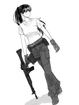 1girl baek_ae-young belt_pouch blunt_bangs blush commentary eoduun_badaui_deungbul-i_doeeo gloves greyscale highres holding holding_weapon korean_commentary looking_to_the_side monochrome nageutxx pants ponytail pouch shirt simple_background solo t-shirt weapon
