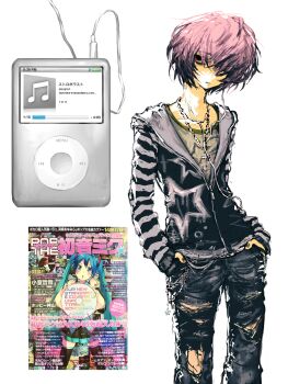 1boy absurdres black_jacket commentary_request cowboy_shot earphones hair_over_one_eye hands_in_pockets hatsune_miku highres ipod jacket long_sleeves looking_at_viewer magazine_(object) male_focus mp3_player nia_(x_x02) one_eye_covered original pants partial_commentary partially_unzipped pink_hair short_hair solo standing star_(symbol) star_print striped_sleeves torn_clothes torn_pants white_background