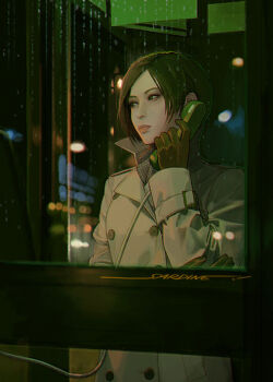 1girl ada_wong artist_name black_gloves black_hair closed_mouth coat gloves grey_coat grey_scarf grid_print lamppost parted_bangs phone_booth print_scarf rain resident_evil resident_evil_4 resident_evil_4_(remake) sardine_(kjr0313) scarf short_hair solo trench_coat upper_body