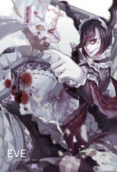 1girl absurdres alternate_costume apron asymmetrical_gloves axe black_gloves black_hair blood cake cake_slice character_name checkerboard_cookie cookie copyright_name enmaided eve_(the_binding_of_isaac) food fork gift gloves highres horns knife long_sleeves maid maid_apron mismatched_gloves plate razor_blade shali_diyu short_hair smirk the_binding_of_isaac white_background white_gloves