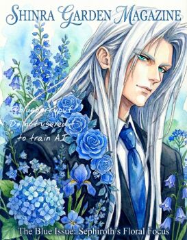 1boy aqua_eyes black_jacket blue_flower blue_necktie blue_rose character_name closed_mouth collared_shirt commentary cover english_commentary english_text final_fantasy final_fantasy_vii flower grey_hair highres jacket long_hair magazine_cover male_focus monsterbf1ilove necktie parted_bangs rose sephiroth shirt slit_pupils solo suit_jacket twitter_username upper_body white_shirt