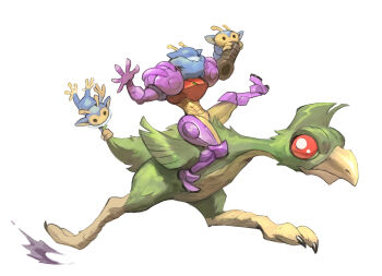 1girl alien antennae arm_cannon armor arms_up beak bird covered_eyes dachora_(metroid) etecoon_(metroid) feathers garrett_hanna gravity_suit_(metroid) highres leg_up light_particles metroid monkey nintendo ostrich power_armor power_suit_(metroid) red_eyes riding running samus_aran super_metroid talons weapon white_background