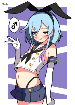 1boy ;) absurdres animal_ear_hairband animal_ears arknights bare_shoulders black_neckerchief black_panties blue_hair blue_sailor_collar blue_skirt blush breasts closed_mouth colored_tips commentary cosplay cowboy_shot cropped_shirt crossdressing crossdressing_(mtf) elbow_gloves fake_animal_ears gloves hairband hand_up hendra highleg highleg_panties highres kantai_collection male_focus mars_symbol midriff miniskirt mizuki_(arknights) multicolored_hair navel neckerchief one_eye_closed panties panty_straps purple_eyes purple_hair rabbit_ear_hairband rabbit_ears sailor_collar school_uniform serafuku shimakaze_(kancolle) shimakaze_(kancolle)_(cosplay) shirt short_hair_with_long_locks skirt small_breasts smile solo speech_bubble spoken_mars_symbol tongue tongue_out trap underwear white_gloves white_shirt