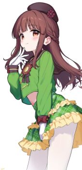 1girl absurdres beret bow braid breasts brown_eyes brown_hair brown_hat brown_sailor_collar closed_mouth cropped_shirt frilled_skirt frills gloves green_shirt green_skirt hand_on_own_chin hand_up hat highres idolmaster idolmaster_cinderella_girls jia_wenyuan long_hair long_sleeves midriff navel ogata_chieri pantyhose plaid_clothes plaid_skirt red_bow sailor_collar sailor_shirt shirt sidelocks simple_background single_braid skirt sleeve_bow small_breasts smile solo white_background white_gloves white_pantyhose