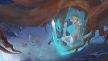 4boys barret_wallace blonde_hair blue_eyes cloud_strife crystal encasement enjoutoru final_fantasy final_fantasy_vii grey_hair high_up holding_another&#039;s_arm inside_crystal long_hair looking_at_another male_focus multiple_boys red_xiii sephiroth sleeveless sleeveless_turtleneck tifa_lockhart topless_male turtleneck yaoi