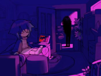 2girls clock closed_eyes computer dark horror_(theme) indoors laptop multiple_girls night no_mouth on_bed open_door plaid_clothes plaid_sweater_vest plaid_vest plant potted_plant purple_theme regurusu_(nagarevosi) shoes short_hair sidelocks silhouette sitting skirt socks sweater sweater_vest turtleneck turtleneck_sweater unworn_shoes urotsuki vest yume_2kki