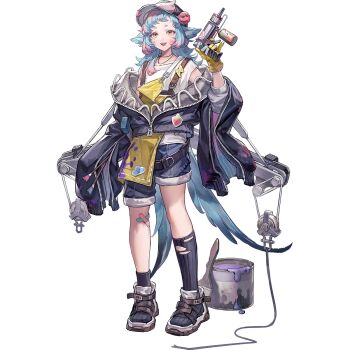 1girl animal_ears apron arknights asymmetrical_legwear bandaid bandaid_on_knee bandaid_on_leg baseball_cap belt binder_clip bird_ears bird_girl bird_tail black_belt blue_hair blue_jacket blue_shorts blue_socks drop_shadow erkai full_body gloves hat highres holding holding_paintbrush jacket jewelry long_sleeves looking_at_viewer medium_hair mismatched_socks multicolored_hair necklace official_art oversized_jacket paint_can paint_on_body paint_on_clothes paintbrush pink_hair pulley ribbed_socks sandals shirt shorts sidelocks simple_background sleeve_zipper sleeveless sleeveless_shirt smile socks solo standing stuffed_animal stuffed_bird stuffed_toy suspenders tachi-e tail teeth third-party_source tippi_(arknights) tongue torn_clothes torn_socks transparent_background two-tone_hair uneven_legwear upper_teeth_only white_sandals white_shirt wire yellow_apron yellow_eyes yellow_gloves