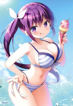 1girl :p alternate_breast_size armpit_crease armpits artbook bare_shoulders baskin-robbins bikini bird blue_bikini bow breasts cherry cleavage cloud collarbone contrapposto cowboy_shot eyes_visible_through_hair floating_hair food food_wrapper french_text front-tie_bikini_top front-tie_top fruit gochuumon_wa_usagi_desu_ka? hair_between_eyes hair_bow heart heart-shaped_food highres holding holding_food holding_ice_cream ice_cream ice_cream_cone japanese_text katakana lens_flare light_blush light_rays long_hair looking_at_viewer medium_breasts midriff multi-strapped_bikini navel outdoors parody partially_translated purple_eyes purple_hair sasai_saji scan shiny_food shiny_lips shiny_skin side-tie_bikini_bottom side_ponytail sideboob sidelocks sideways_glance solo stomach strawberry striped_bikini striped_clothes sun sunbeam sunlight swimsuit tedeza_rize thong_bikini tongue tongue_out translation_request unaligned_breasts vanilla very_long_hair water water_drop water_world white_bird white_bow