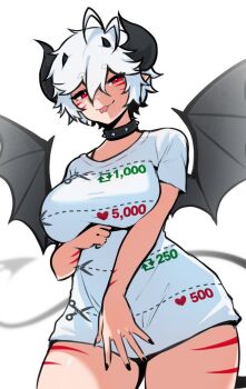 2025 black_hair blaire_rune blairevt body_markings breasts collar commentary cut-here_line demon_horns demon_tail english_commentary forked_tongue highres horns indie_virtual_youtuber large_breasts like_and_retweet looking_at_viewer meme multiple_drawing_challenge no_pants pointy_ears red_eyes shirt shirt_cut_meme short_hair solo spiked_collar spikes standing t-shirt tail thick_thighs thighs tongue twitter_cutting_game twitter_strip_game virtual_youtuber white_hair white_shirt wings