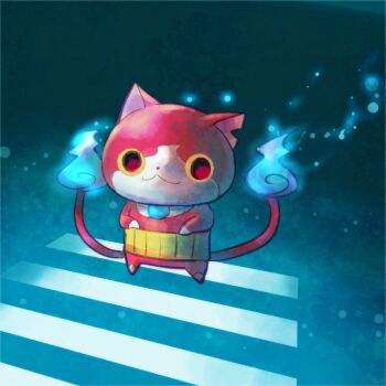 Rule 34 | blue fire, commentary request, crosswalk, fire, flame-tipped tail, haramaki, hitodama, jibanyan, looking at viewer, multiple tails, night, no humans, notched ear, outdoors, red fur, solo, tail, two tails, u315ygmmm, walking, youkai (youkai watch), youkai watch