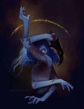 blood blood_on_hands bloody_weapon blue_eyes blue_hair blue_skin claytondraws colored_skin commentary cracked_skin dagger doll_joints elden_ring english_commentary extra_arms extra_faces glowing glowing_eye great_rune_(elden_ring) highres holding holding_dagger holding_knife holding_weapon joints knife medium_hair ranni_the_witch rope signature simple_background upper_body weapon