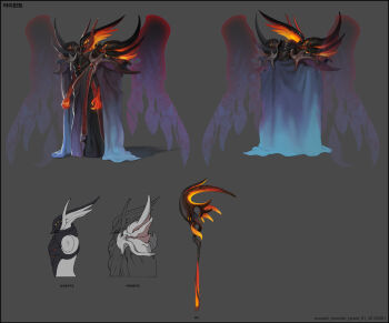 armor blue_cloak caesty cloak commentary_request dated_commentary english_text full_body grey_background highres korean_commentary korean_text nexon no_humans official_art pauldrons production_art purple_wings reference_sheet shoulder_armor simple_background standing tales_weaver translation_request weapon_request wings