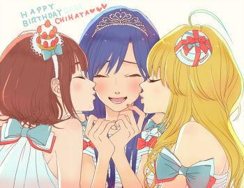 3girls ahoge amami_haruka blonde_hair blue_hair blush brown_hair cake_hair_ornament character_name closed_eyes commentary_request enii fingernails food-themed_hair_ornament hair_ornament hands_up happy_birthday hat hoshii_miki idolmaster idolmaster_(classic) kisaragi_chihaya lips long_hair mini_hat multiple_girls puckered_lips short_hair simple_background tiara white_background yuri