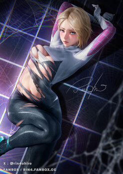 1girl black_bodysuit blue_eyes blush bodysuit bound bound_wrists breasts closed_mouth frown gwen_stacy looking_at_viewer lying marvel medium_breasts multicolored_bodysuit navel nipple_slip nipples on_back oohiro_rin short_hair silk solo spider-gwen spider-man_(series) spider_web torn_bodysuit torn_clothes two-tone_bodysuit white_bodysuit