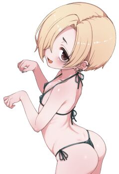 1girl ass bags_under_eyes bikini black_bikini blonde_hair blush brown_eyes ear_piercing fang flat_chest hair_over_one_eye halterneck highres idolmaster idolmaster_cinderella_girls komodj loli looking_at_viewer micro_bikini open_mouth piercing shirasaka_koume short_hair side-tie_bikini_bottom smile swimsuit