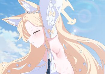1girl animal_ears armpits blonde_hair blue_archive blush breasts fox_ears halo long_hair looking_at_viewer open_mouth seia_(blue_archive) sharp_to_sharp small_breasts solo upper_body yellow_eyes
